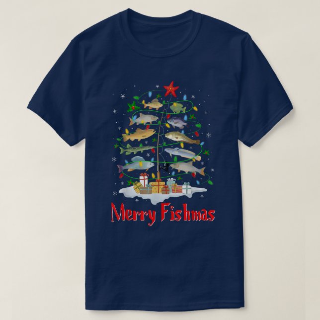 Merry Fishmas Christmas Tree Xmas Lights Fish Fish T-Shirt (Design Front)