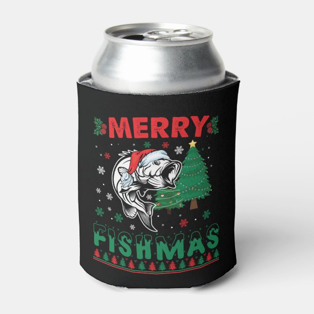 Merry Fishmas Fish Fishing Dad Fisherman Christmas Can Cooler (Can Front)