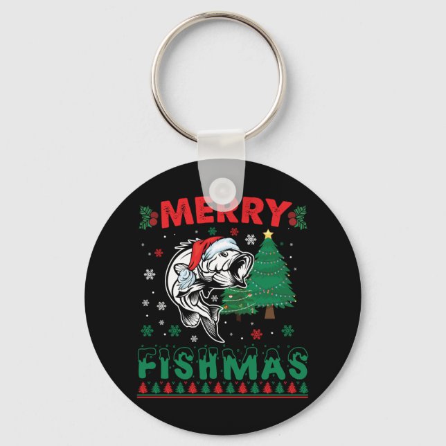 Merry Fishmas Fish Fishing Dad Fisherman Christmas Keychain (Front)