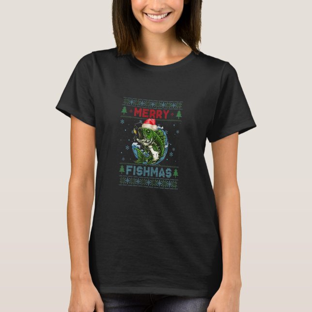 Merry Fishmas Fishing Ugly Christmas Large Mouth B T-Shirt (Front)