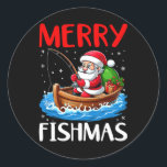 Merry Fishmas Funny Christmas Santa Claus Fishing  Classic Round Sticker<br><div class="desc">Merry Fishmas Funny Christmas Santa Claus Fishing Fisherman</div>