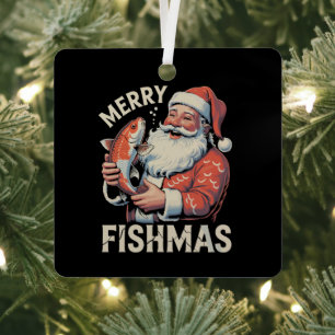 Merry Fishmas Funny Christmas Santa Claus Fishing  Metal Ornament