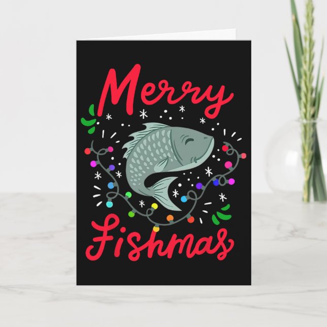 Merry Fishmas Funny Christmas Tree Lights Fish Fis Card (Front)