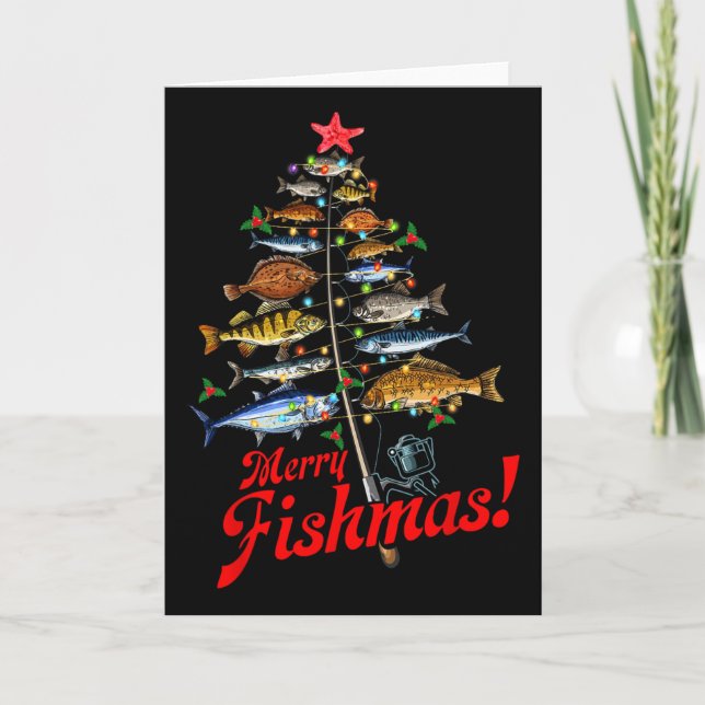 Merry Fishmas Funny Christmas Tree Lights Fish Fis Card (Front)