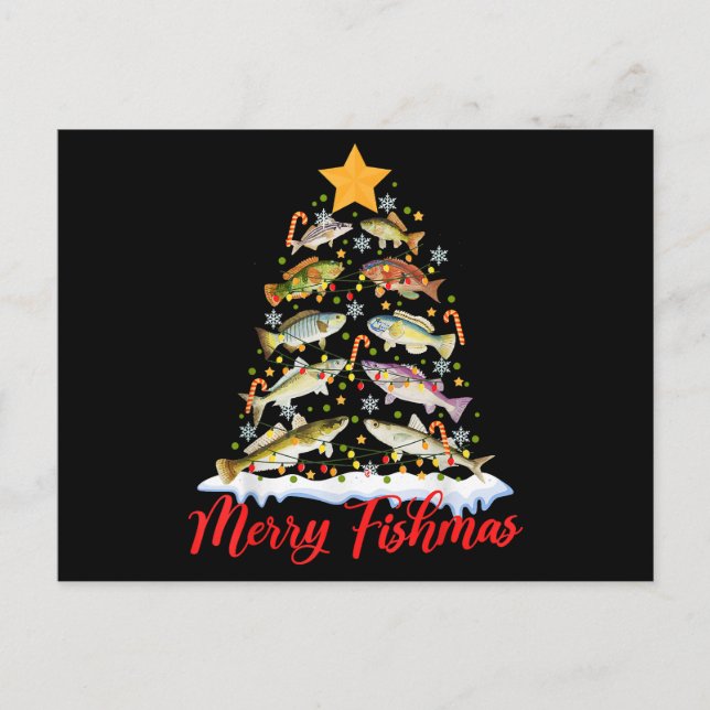 Merry Fishmas Funny Christmas Tree Lights Fish Fis Holiday Postcard (Front)