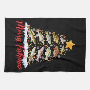Merry Fishmas Funny Christmas Tree Lights Fish Fis Kitchen Towel