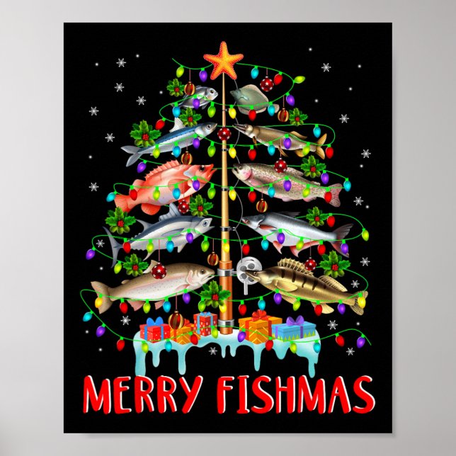 Merry Fishmas Funny Christmas Tree Lights Fish Fis Poster (Front)