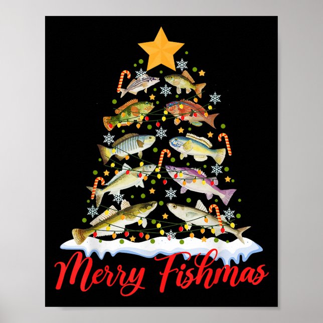 Merry Fishmas Funny Christmas Tree Lights Fish Fis Poster (Front)
