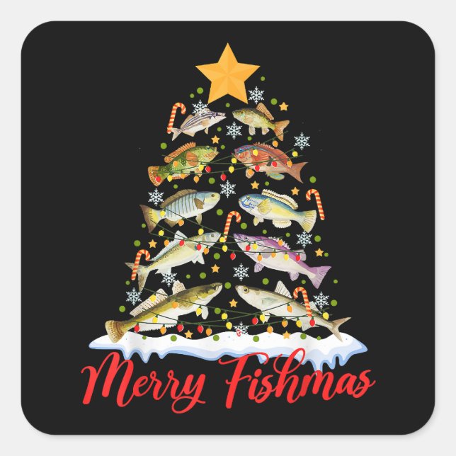 Merry Fishmas Funny Christmas Tree Lights Fish Fis Square Sticker (Front)
