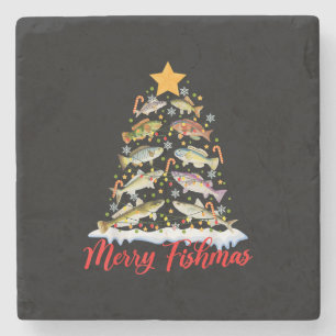 Merry Fishmas Funny Christmas Tree Lights Fish Fis Stone Coaster