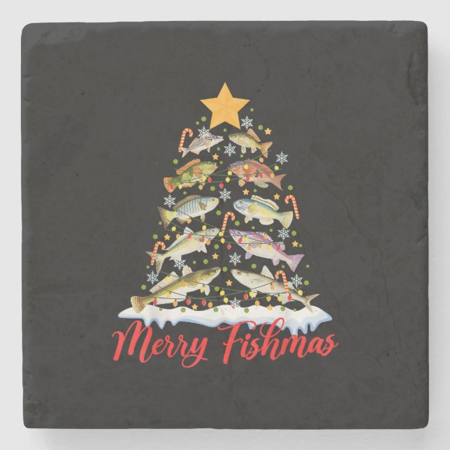 Merry Fishmas Funny Christmas Tree Lights Fish Fis Stone Coaster (Front)