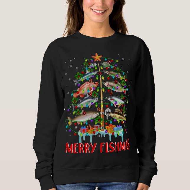 Merry Fishmas Funny Christmas Tree Lights Fish Fis Sweatshirt (Front)