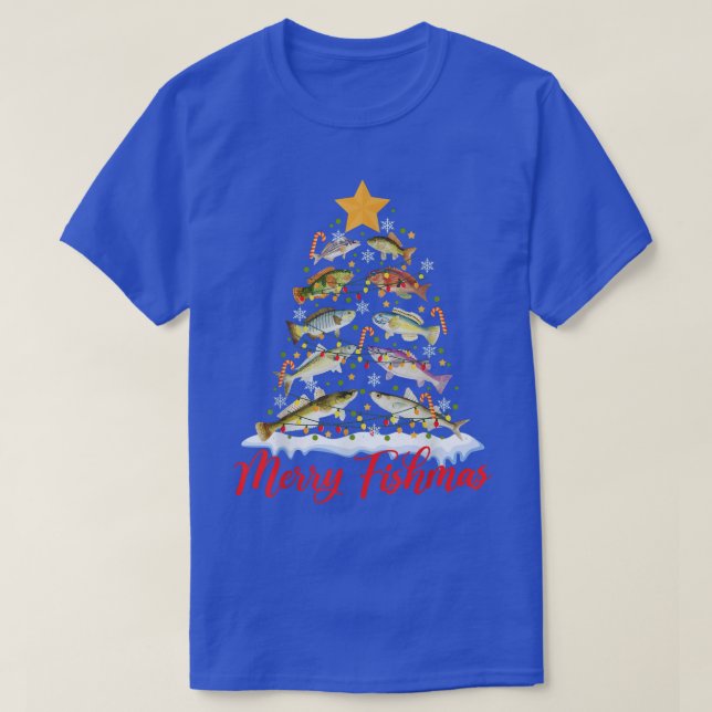 Merry Fishmas Funny Christmas Tree Lights Fish Fis T-Shirt (Design Front)