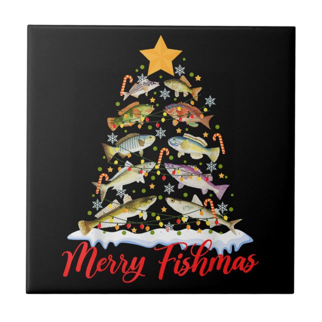 Merry Fishmas Funny Christmas Tree Lights Fish Fis Tile (Front)