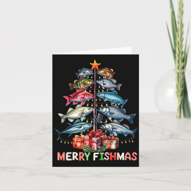 Merry Fishmas Funny Christmas Tree Lights Fishing  Card (Front)