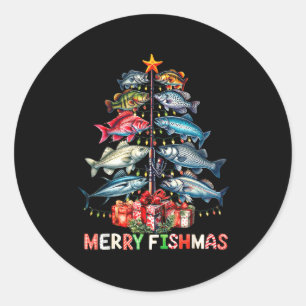 Merry Fishmas Funny Christmas Tree Lights Fishing  Classic Round Sticker