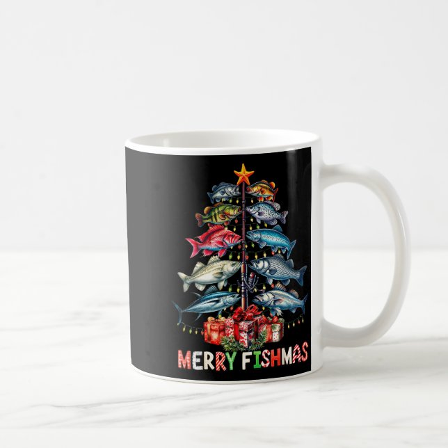 Merry Fishmas Funny Christmas Tree Lights Fishing  Coffee Mug (Right)