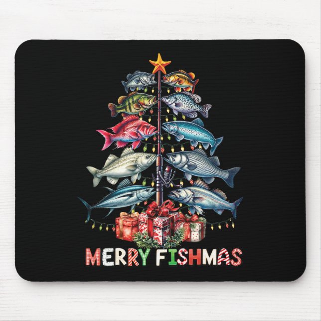 Merry Fishmas Funny Christmas Tree Lights Fishing  Mouse Pad (Front)