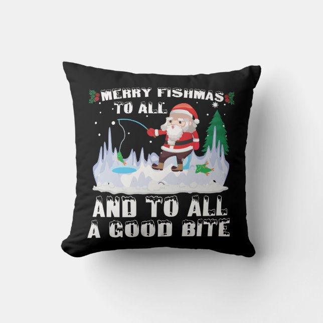 Merry Fishmas Funny Fish Fishing Fisherman Xmas Throw Pillow (Front)