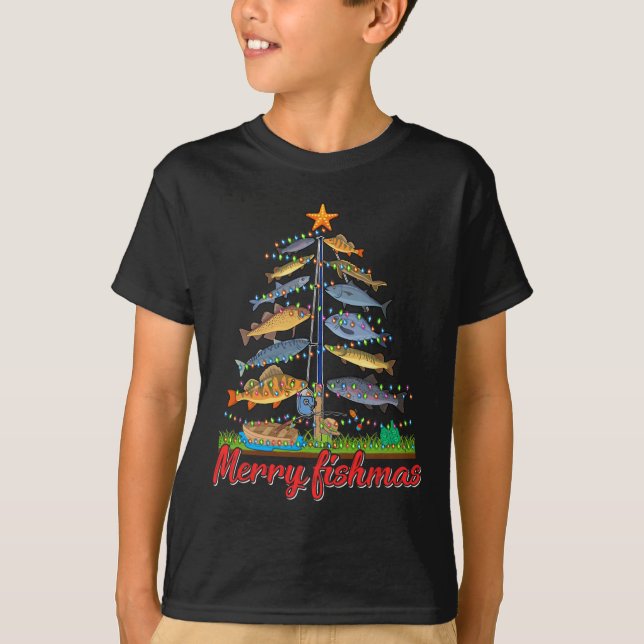 Merry Fishmas Funny Fisher Christmas Tree Fishing  T-Shirt (Front)