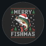 Merry Fishmas Funny Fishing Christmas  Classic Round Sticker<br><div class="desc">Merry Fishmas Funny Fishing Christmas</div>