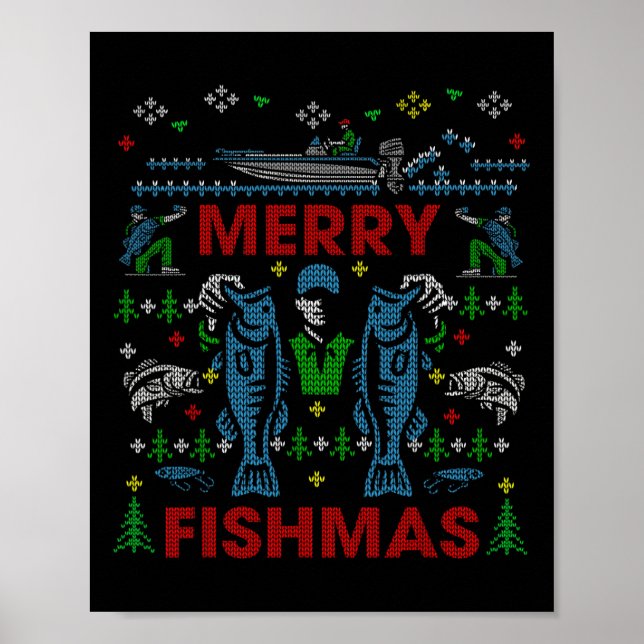 Merry Fishmas Funny Fishing Ugly Christmas Sweater Poster (Front)