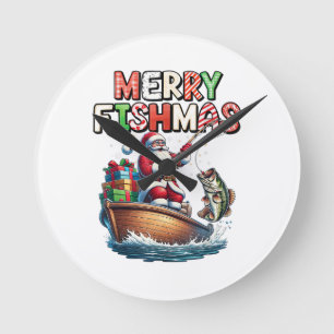 Merry Fishmas Santa Fishing Lovers Funny Fisherman Round Clock