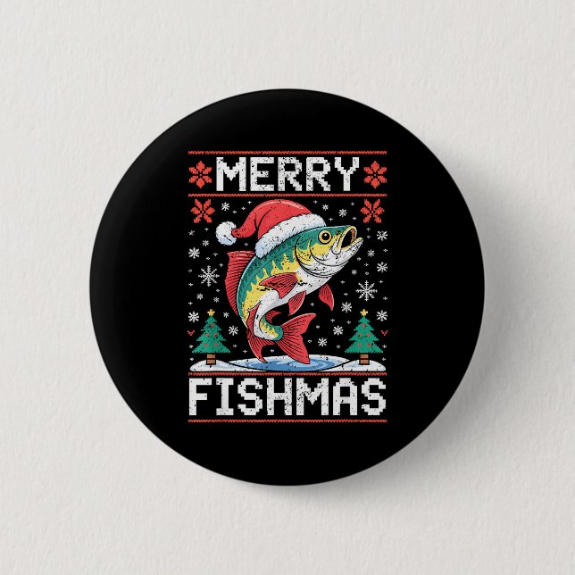 Merry Fishmas Ugly Christmas Sweater Fishing Lover 2 Inch Round Button (Front)