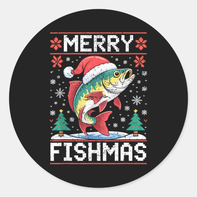Merry Fishmas Ugly Christmas Sweater Fishing Lover Classic Round Sticker (Front)