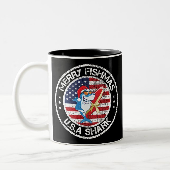 Merry Fishmas USA Flag Great White Shark Two-Tone Coffee Mug (Left)