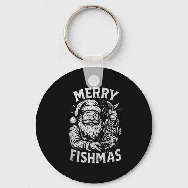 Merry Fishmas Vintage Santa Fishing Christmas Tank Keychain (Front)