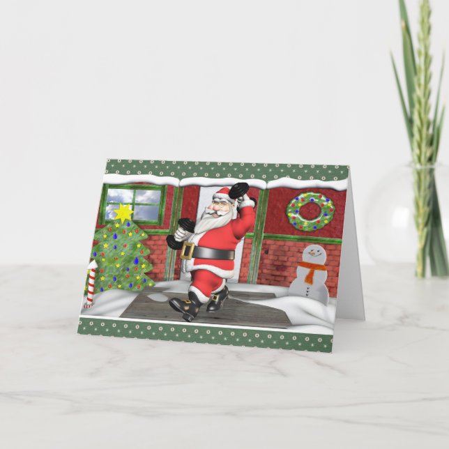Merry Fitness Santa Dumbells Holiday Card (Front)