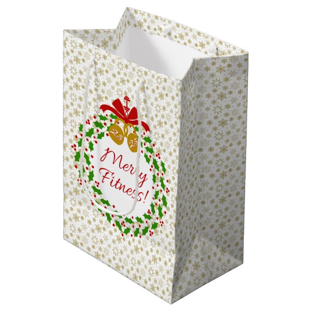 Merry Fitness Wreath Gold Snowflakes Gift Bag (Front Angled)