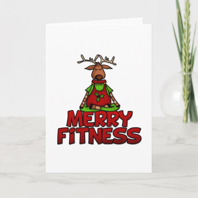 Merry Fitness - Yoga - Reindeer in Lotus Posture Holiday Card (Front)