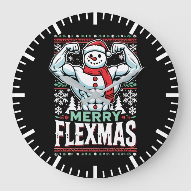 Merry Flexmas - Snowman Flexing Christmas Gym  Large Clock (Front)