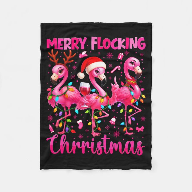 Merry Flocking Christmas Flamingo Drink Pjs Xmas M Fleece Blanket (Front)