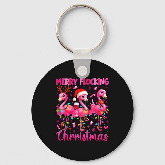 Merry Flocking Christmas Flamingo Drink Pjs Xmas M Keychain (Front)