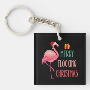 Merry Flocking Christmas Funny Flamingo Holiday Keychain