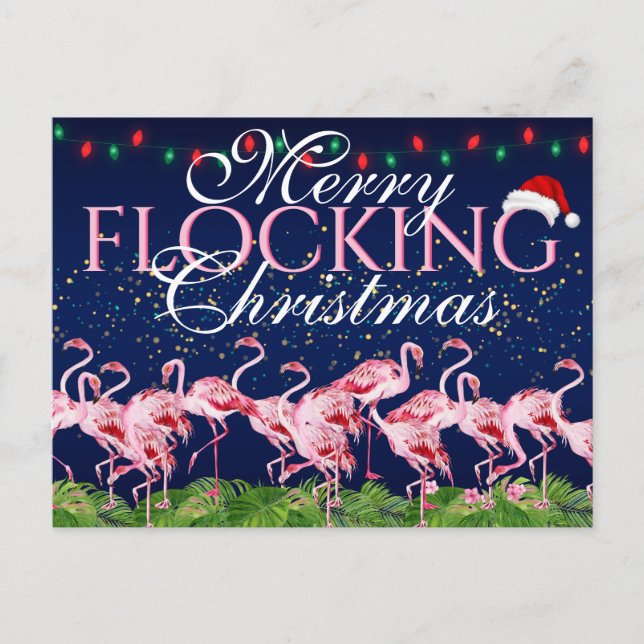 Merry Flocking Christmas Pink Flamingo Holiday Postcard (Front)
