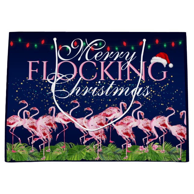 Merry Flocking Christmas Pink Flamingo Large Gift Bag (Front)