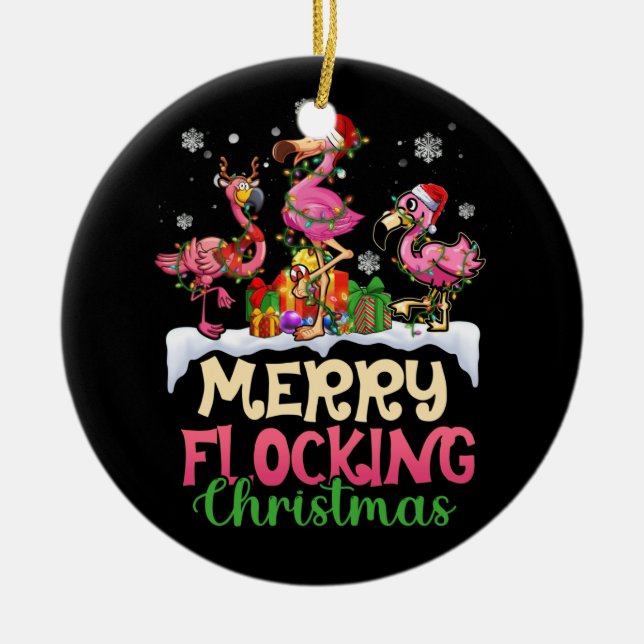 Merry Flocking Christmas Reindeer Santa Flamingo Ceramic Ornament (Front)