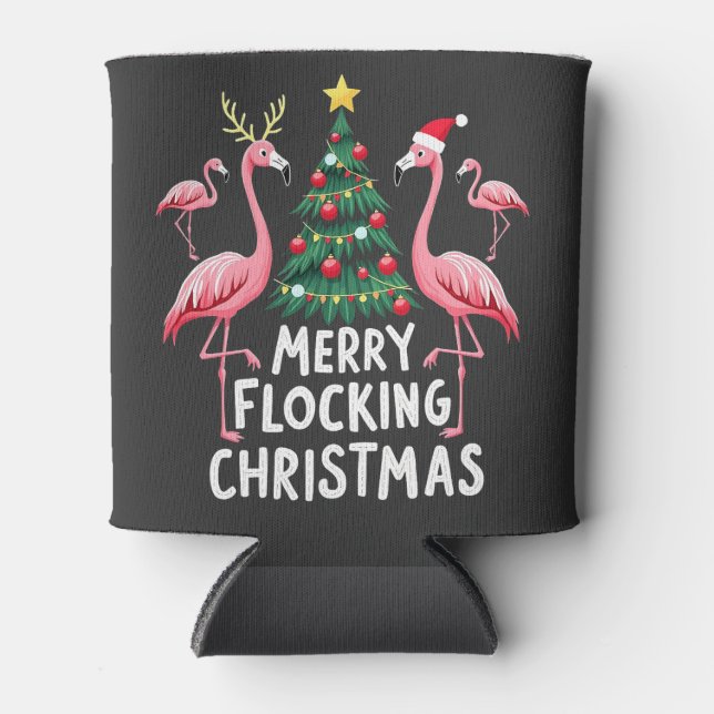 Merry Flocking Christmas Xmas Flamingo Tree Can Cooler (Front)