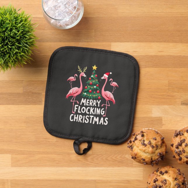 Merry Flocking Christmas Xmas Flamingo Tree Pot Holder (Top Down)