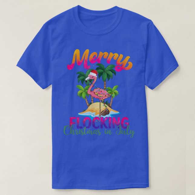 Merry Flocking Flamingo Santa Hat Tropical Beach V T-Shirt (Design Front)