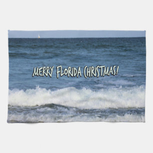 Merry Florida Christmas Over Ocean Blue Sky Kitchen Towel