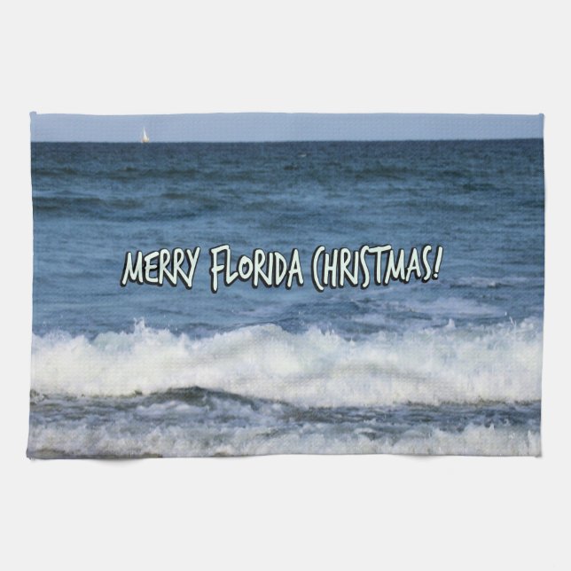 Merry Florida Christmas Over Ocean Blue Sky Kitchen Towel (Horizontal)