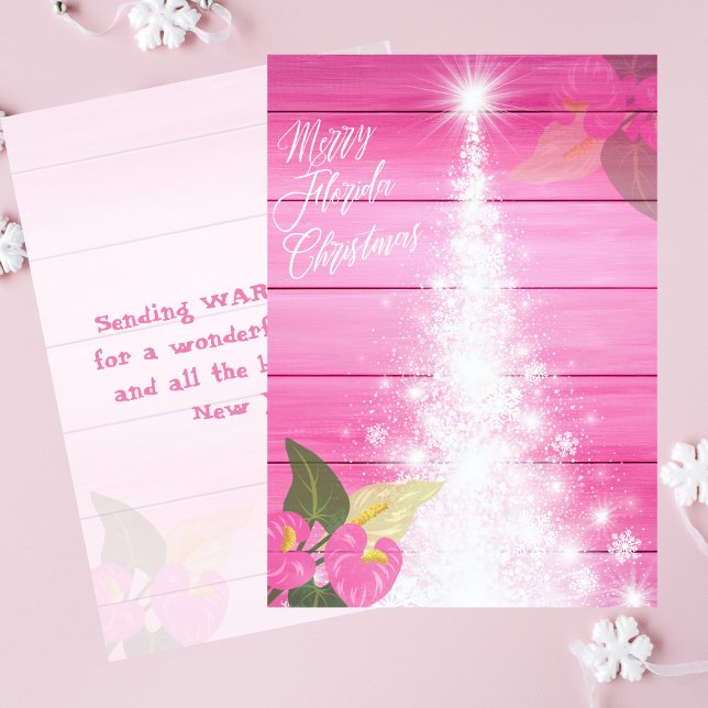 Merry Florida Christmas Pink Hibiscus White Tree Holiday Card (Creator Uploaded)