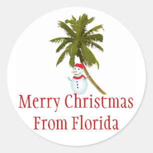 Merry Florida Christmas, snowman under palm tree Classic Round Sticker