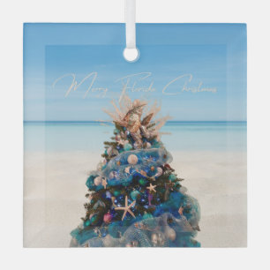 Merry Florida Christmas Tropical Beach HolidayTree Glass Ornament