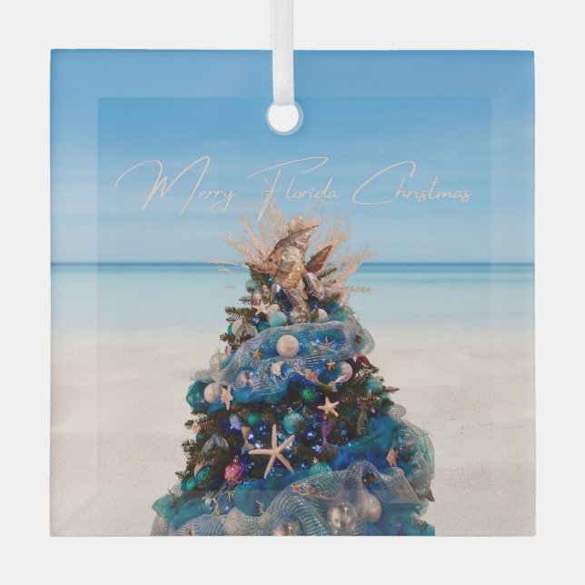 Merry Florida Christmas Tropical Beach HolidayTree Glass Ornament (Front)